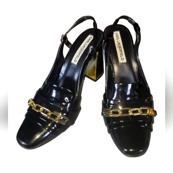 Karl Lagerfeld Paris Black Patent Leather Slingback Gold Chain Detail Heels - Picture 1 of 10